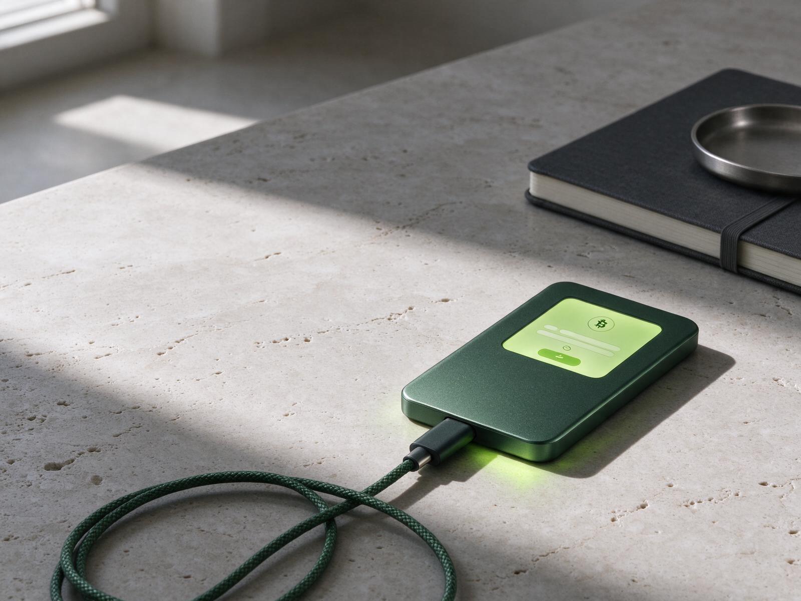 A dark green hardware wallet connected to a braided cable on a stone desk