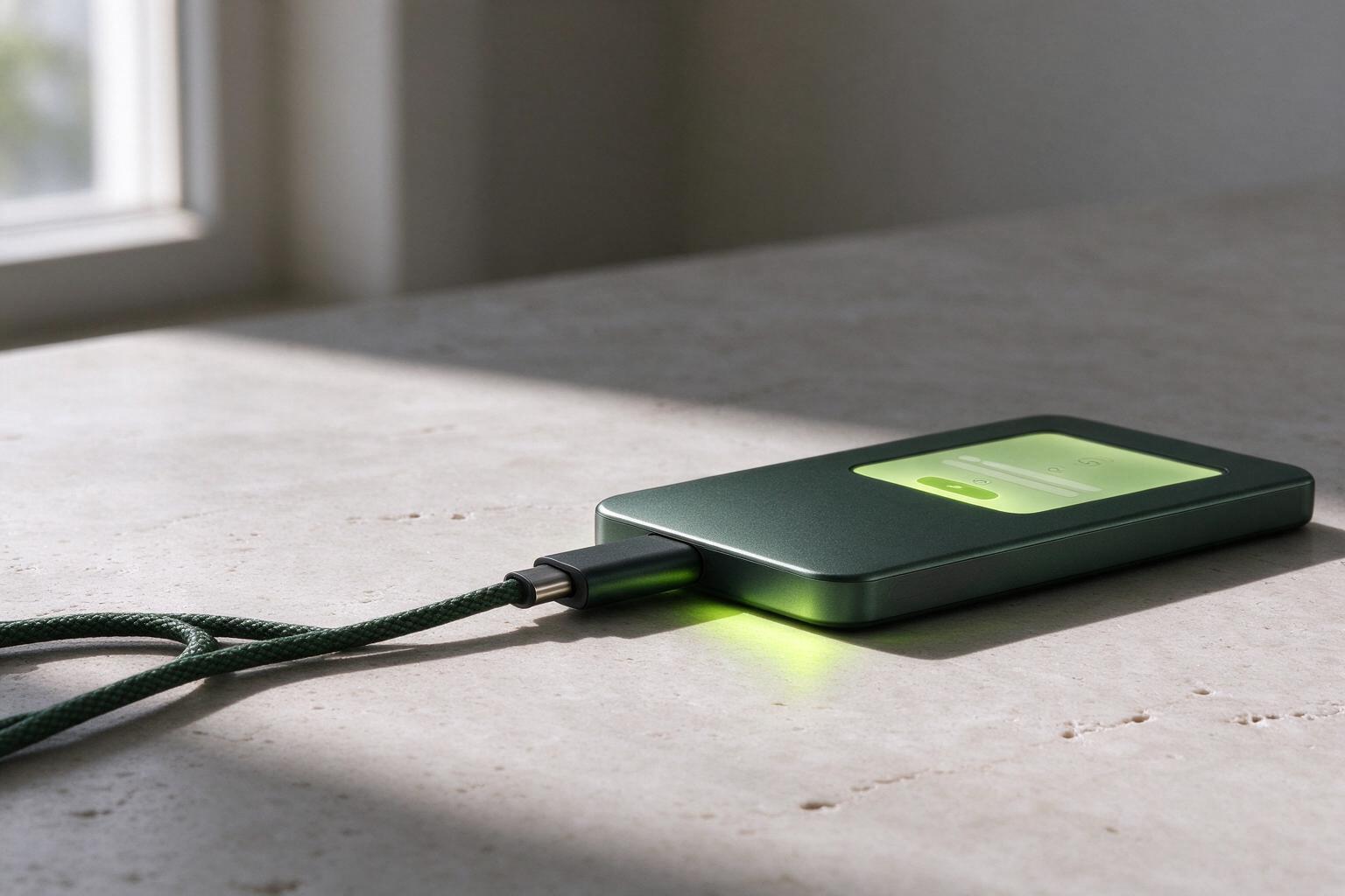 Low side view of a green hardware wallet connected to its cable on a sunlit desk